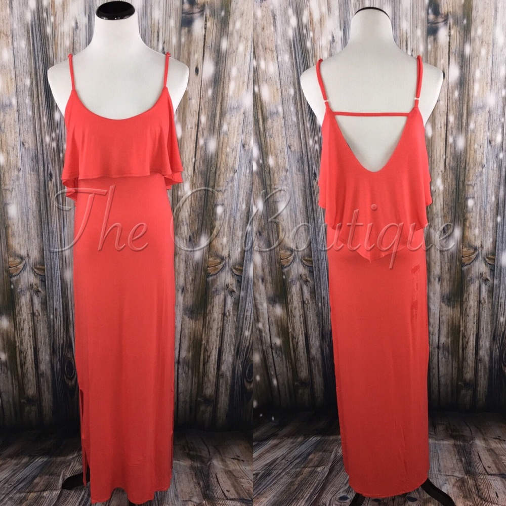 Coral Spaghetti Strap Ruffle Maxi - Picture 2 of 3